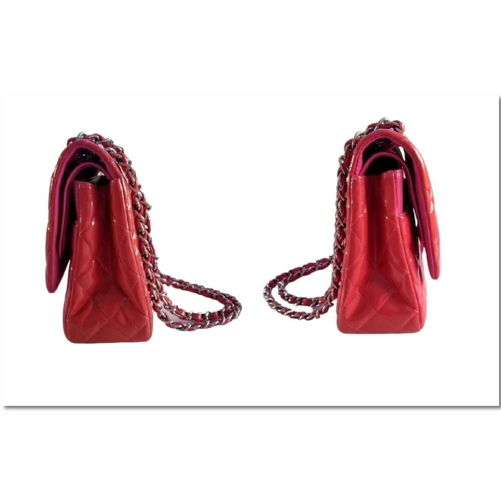Authentic Chanel Red Patent Leather Jumbo Classic Double Flap Chain Shoulderbag
